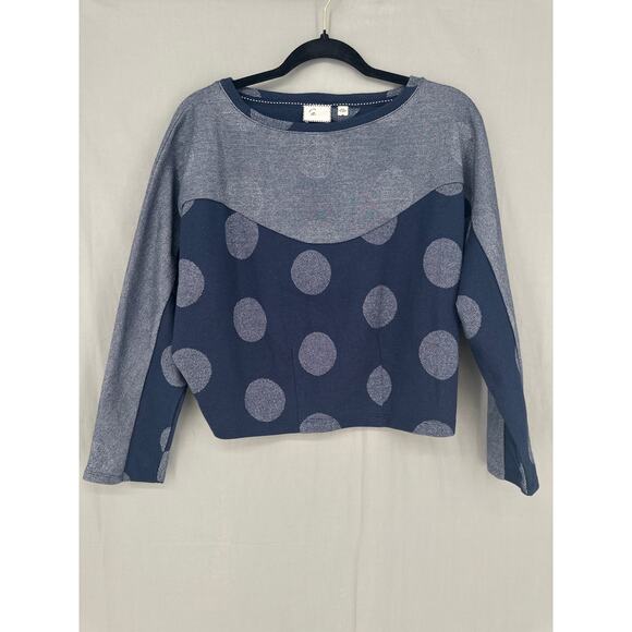 Postmark Anthropologie Top Womens Small Navy Blue Polka Dot Silver Boxy Retro - Picture 1 of 7